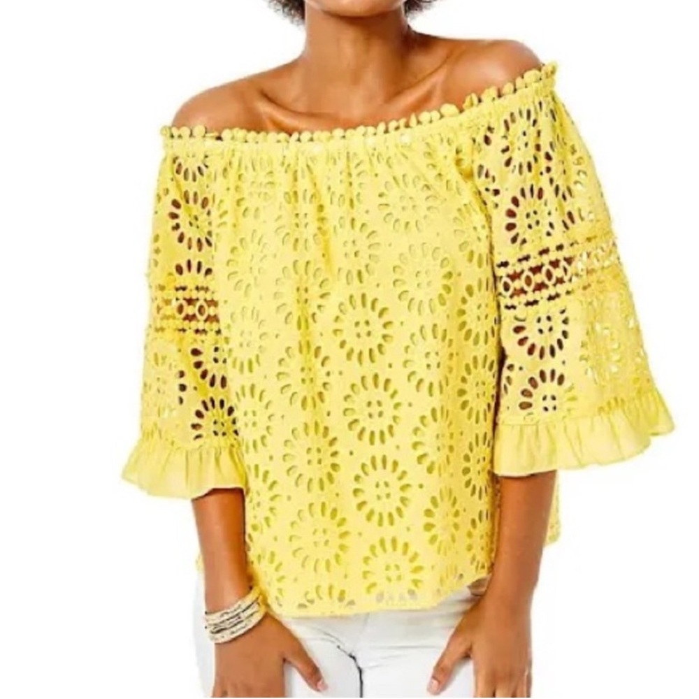 Yellow Off-Shoulder Eyelet Top